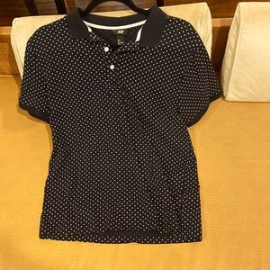 H&M does it right, soft dotted polo in Navy and White in L w/white pearl buttons